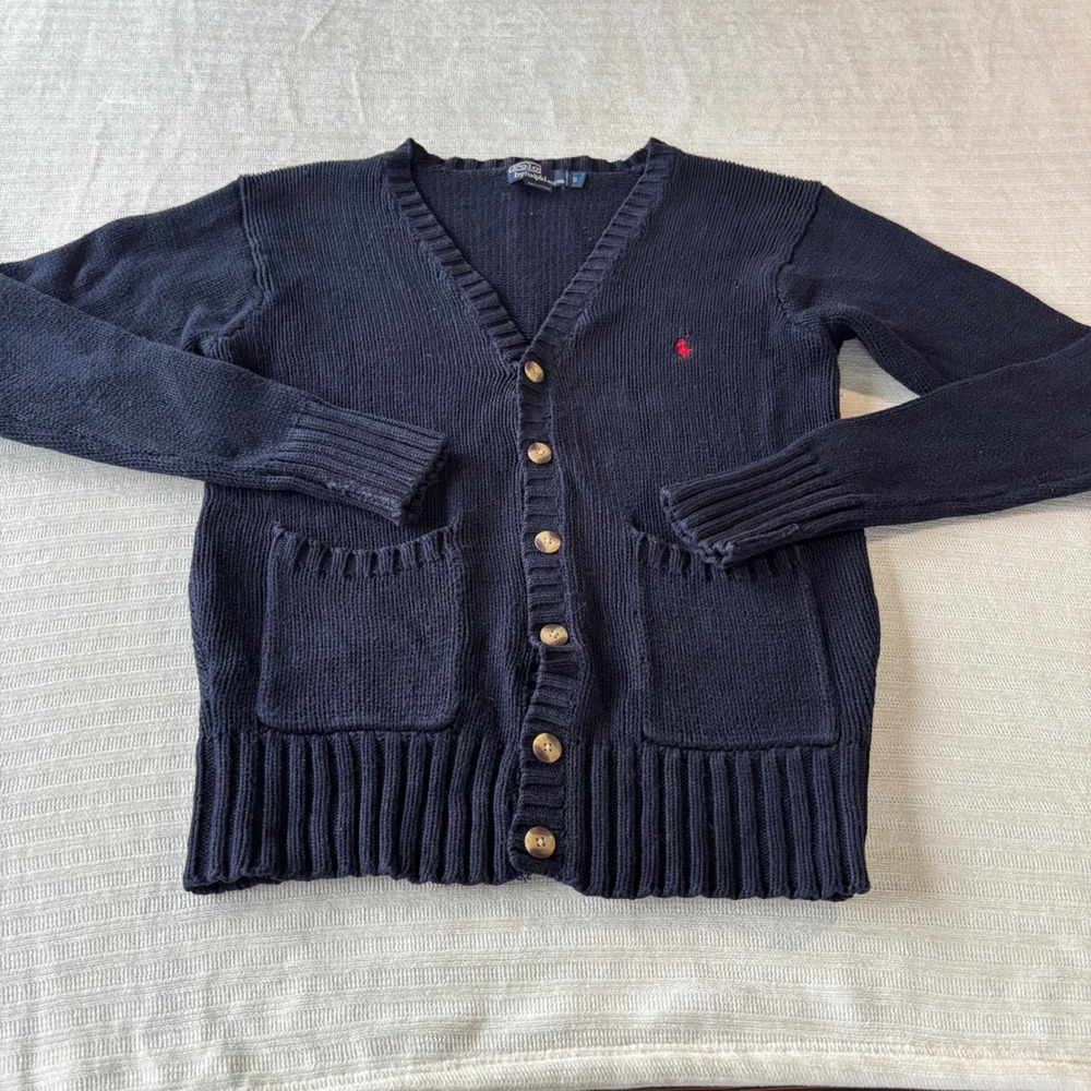 Polo Ralph Lauren Navy Blue Cotton Knit Cardigan Sweater Red Pony Logo Men Small